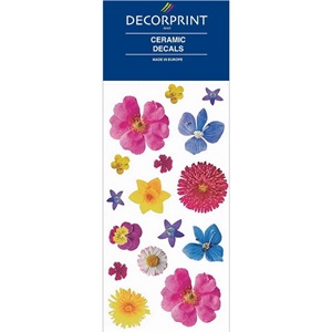 Decals, blom. sæt, blå/gul, rosa 10 x 19cm